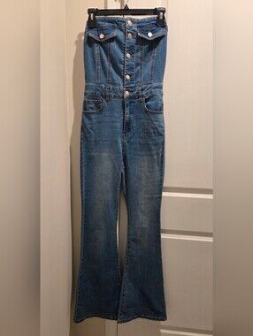 Denim High-Waist Flared Jumpsuit - Medium Blue